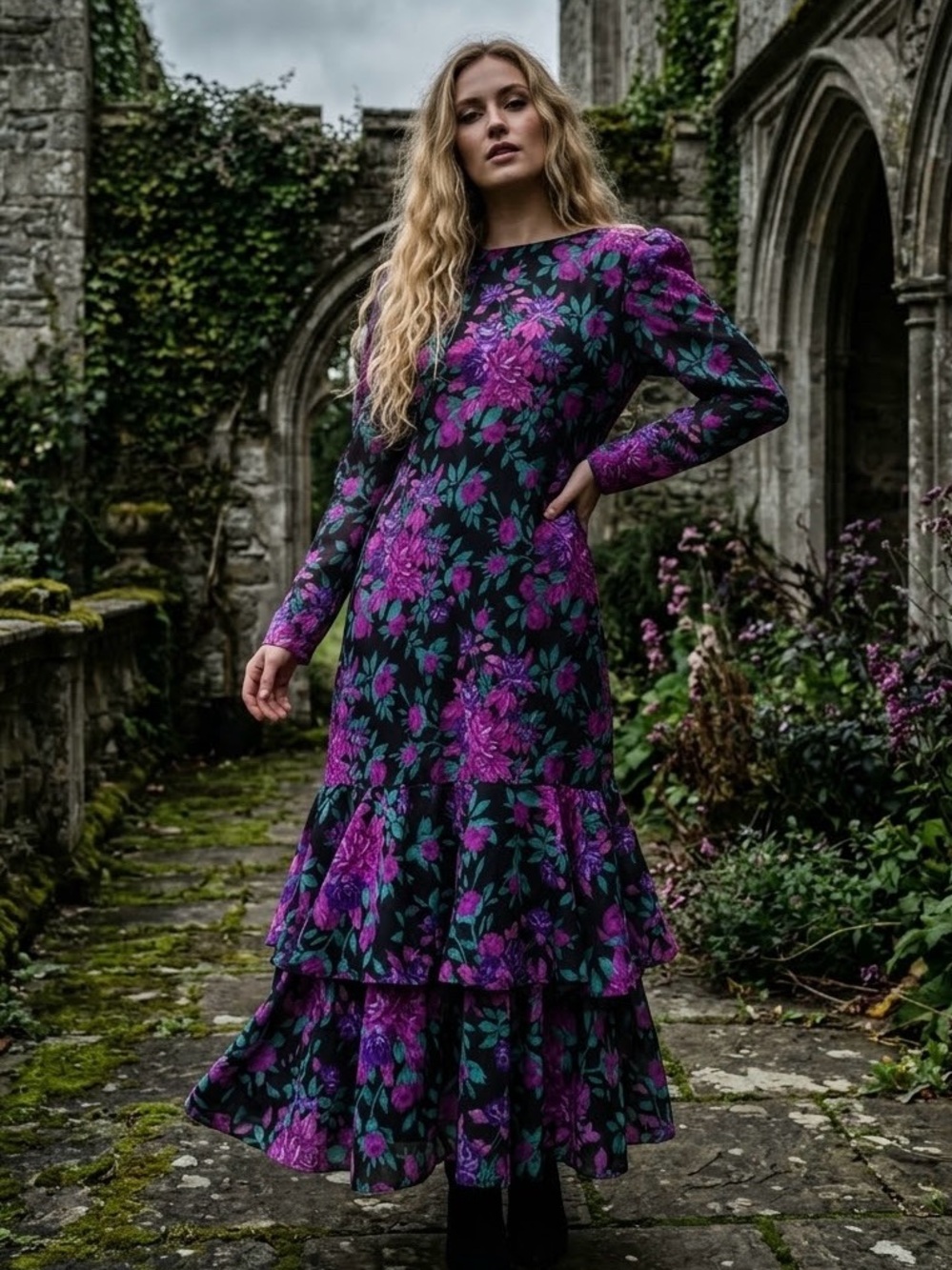 |VTG| ANTHONY RICHARDS 80s Floral Tiered Ruffle Whimsigoth Maxi Dress Size 20